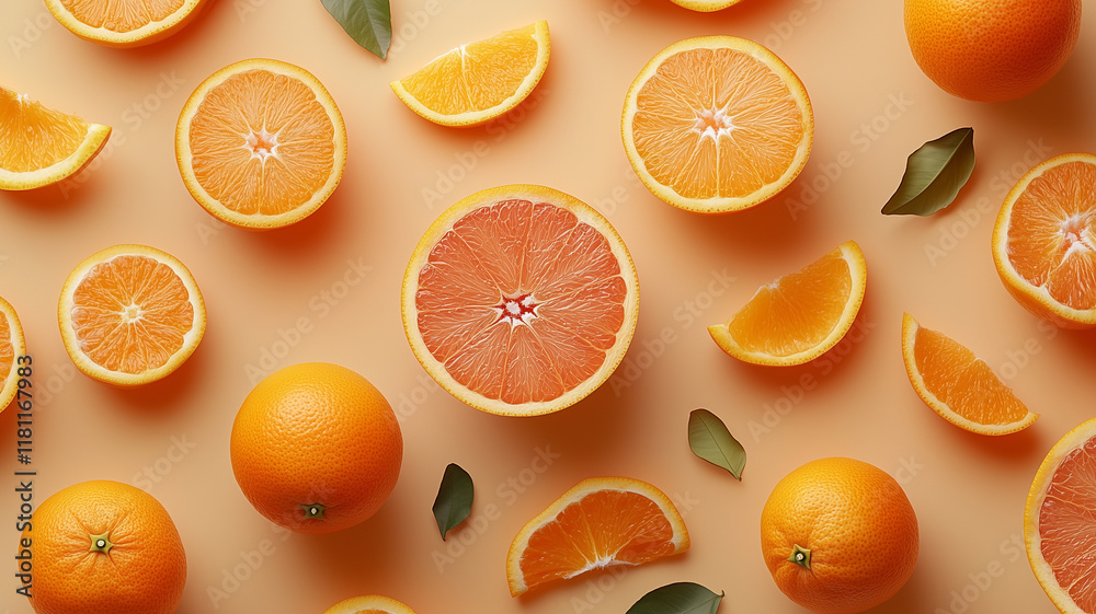 Fresh oranges, orange slices, and peels arranged on vibrant background create lively and colorful display. bright hues evoke sense of freshness and vitality Fresh oranges, orange slices, and peels arranged on vibrant background create lively and colorful display. bright hues evoke sense of freshness and vitality