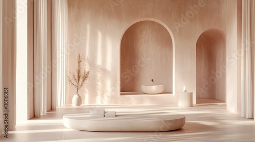 Minimalist beige room with arched niches, sunlight, and stone coffee table.