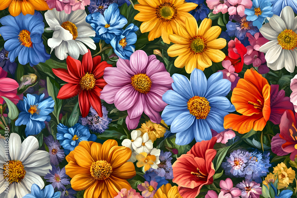 Classic seamless pattern with a variety of flowers in vibrant colors, suitable for cheerful designs Classic seamless pattern with a variety of flowers in vibrant colors, suitable for cheerful designs