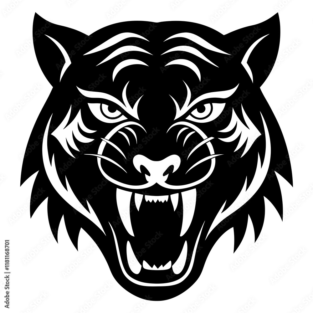 Fototapeta premium tiger head black silhouette vector, Simple silhouette Design vector icon with white background.