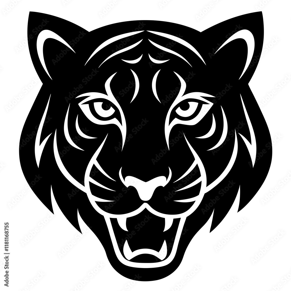 Obraz premium tiger head black silhouette vector, Simple silhouette Design vector icon with white background.
