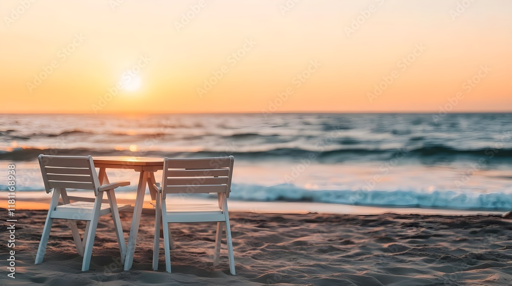 Fototapeta premium romantic beach sunset, couple chairs - minimalism