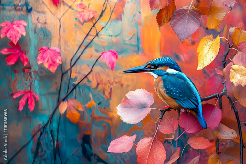 Colorful autumn leaves and flowers with kingfisher birds on a vibrant seasonal background  photo