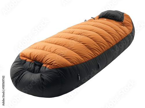 Outdoor adventure gear high fidelity dark orange and black padded sleeping bag for camping lightweight versatile comfort isolated on transparent background png photo