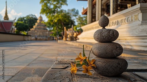 Zen stone stacking at wat phra mahathat woramahawihan thailand photography tranquil setting low angle balance and harmony photo