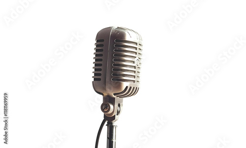 Vintage Microphone:  A classic, silver microphone on a stand ready to capture the sound of your next big idea.  A timeless symbol of communication, creativity, and performance. 