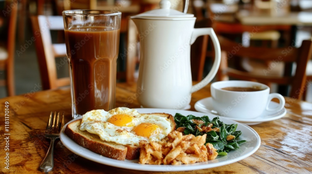 Delicious Breakfast: Sunny-Side Up Eggs, Toast, Greens, and Coffee Delicious Breakfast: Sunny-Side Up Eggs, Toast, Greens, and Coffee