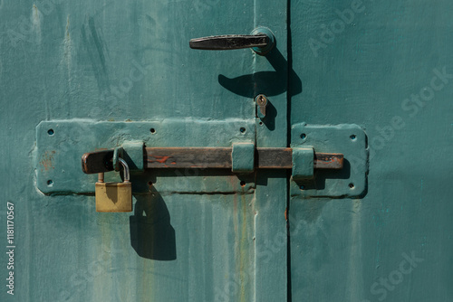 Old metal door with hook, lock and latch, secured with a golden padlock. Worn door with traces of rust and thick crusty layer of paint