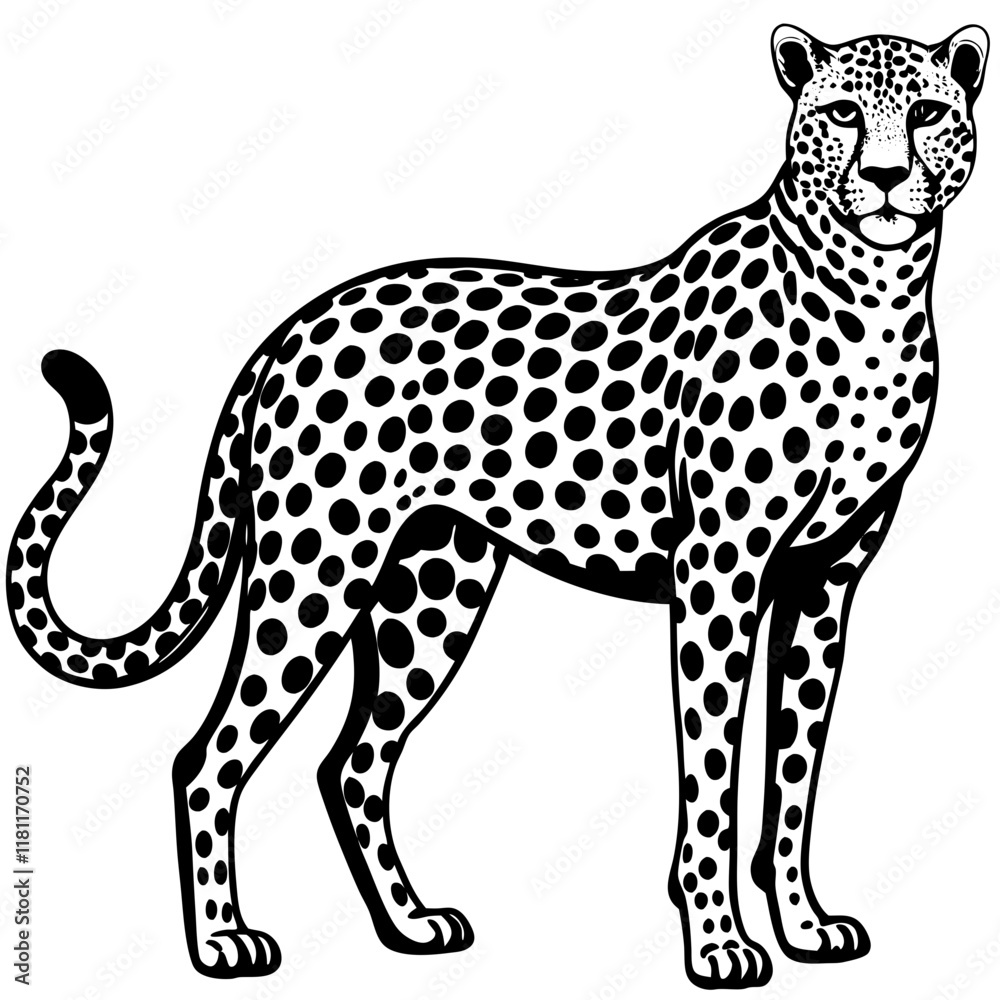Black and White Cheetah Silhouette with Spotted Coat and Sleek Posture Vector Black and White Cheetah Silhouette with Spotted Coat and Sleek Posture Vector