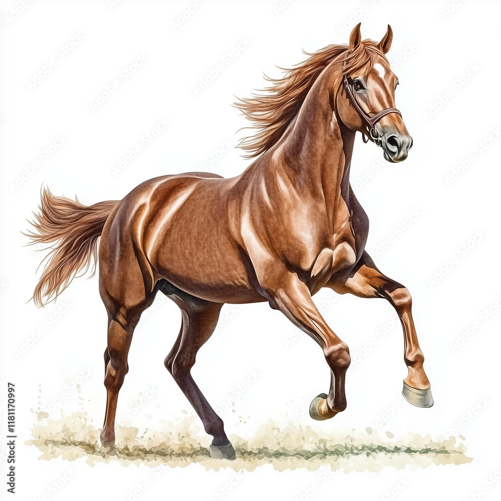Naklejka premium Illustration of the Thoroughbred running towards through grassland, soft watercolor tones, white background, detailed illustration, cartoonish.
