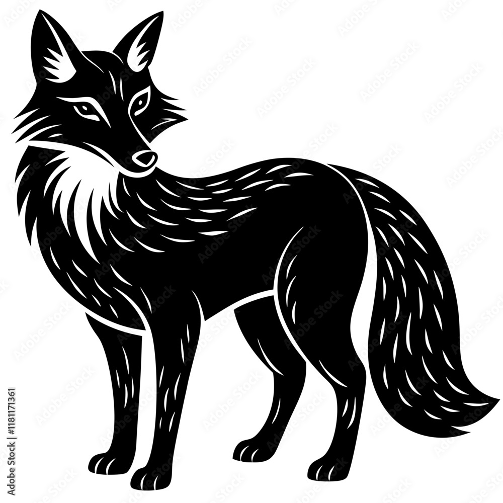 Black and White Fox Silhouette with Intricate Fur Details Vector Black and White Fox Silhouette with Intricate Fur Details Vector