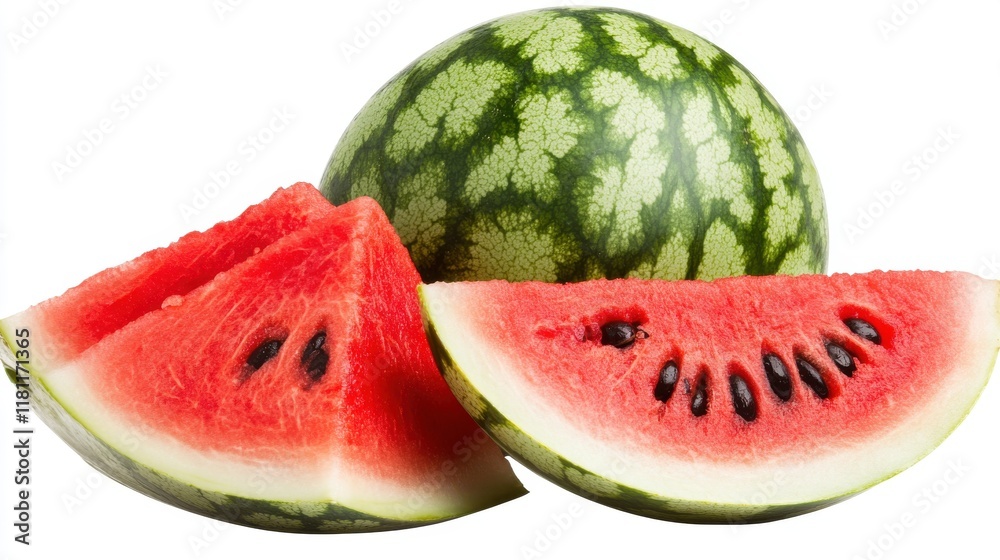 A close-up of a cut watermelon, revealing its juicy red flesh and black seeds, isolated on a white background A close-up of a cut watermelon, revealing its juicy red flesh and black seeds, isolated on a white background