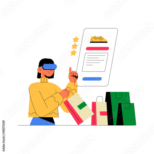 Augmented Reality Shopping Experience With Woman Using VR Glasses And Shopping Bags Flat Vector Illustration About Virtual Retail, Digital Interaction, And Innovation, Isolated On White
