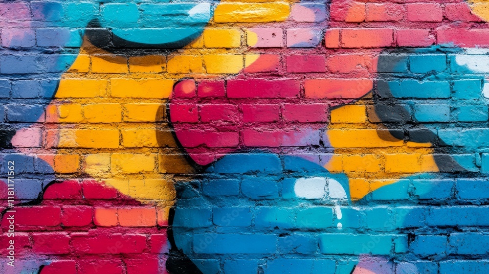 Naklejka premium A vibrant mural featuring colorful shapes and patterns on a brick wall, showcasing a blend of blues, pinks, yellows, and reds in an abstract design
