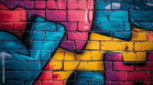 A vibrant graffiti mural featuring bright colors like pink, blue, and yellow, artfully sprayed on a textured brick wall, showcasing street art creativity