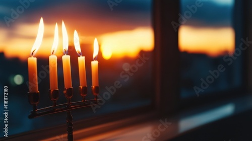 A close-up of a Hanukkah menorah with seven candles lit, placed on a window sill, with a view of the night sky in the background photo