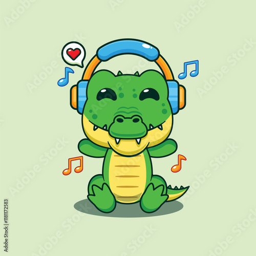 Crocodile listening music with headphone cartoon vector illustration