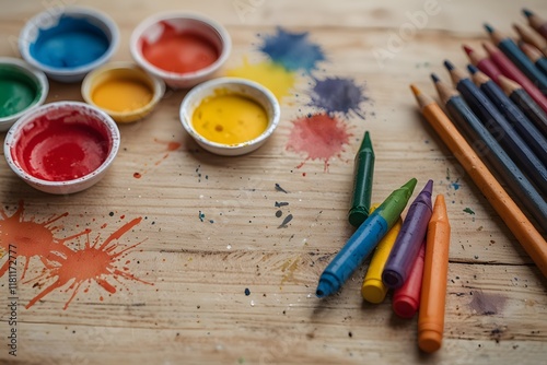 Crayons scattered on a wooden table with art supplies