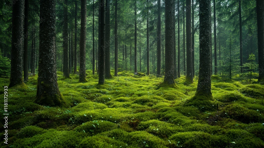 Fototapeta premium A lush forest scene featuring tall trees surrounded by vibrant green moss, creating a tranquil and serene atmosphere