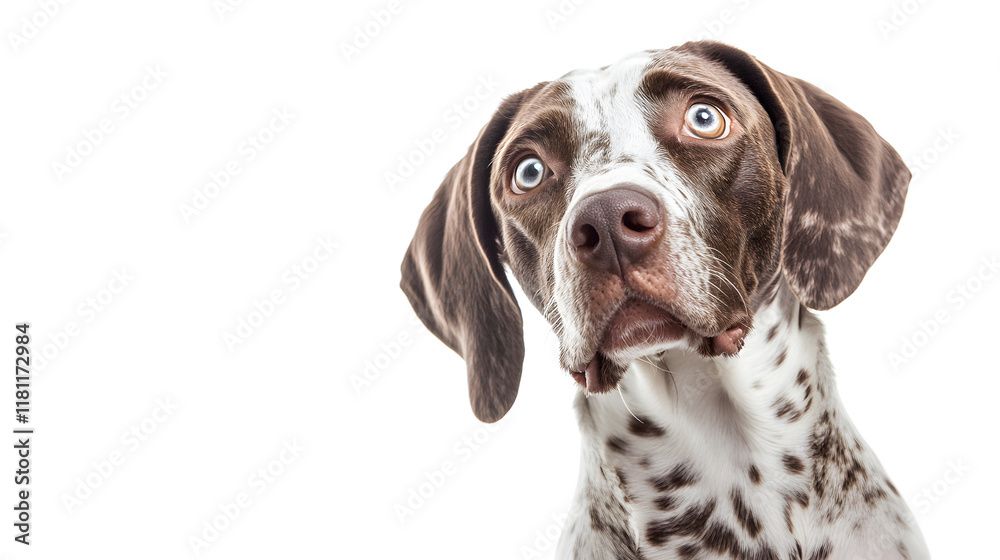 Curious Canine: A portrait of a brown and white spotted dog with bright blue eyes, tilting its head inquisitively as if wondering what's going on. The dog's expression is both playful and curious. Curious Canine: A portrait of a brown and white spotted dog with bright blue eyes, tilting its head inquisitively as if wondering what's going on. The dog's expression is both playful and curious.