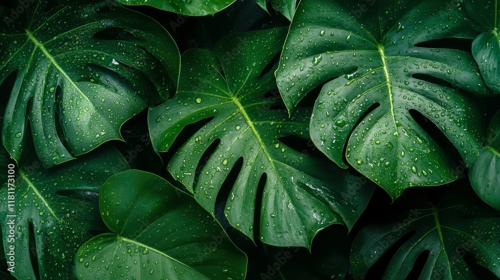 Fototapeta premium Lush green leaves with water droplets, creating a fresh and vibrant natural scene