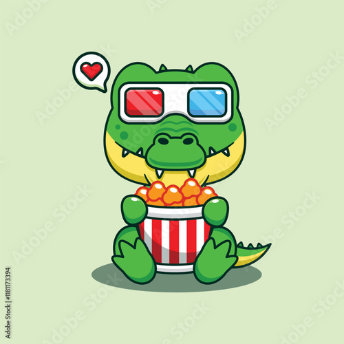 Crocodile eating popcorn and watch 3d movie cartoon vector illustration
