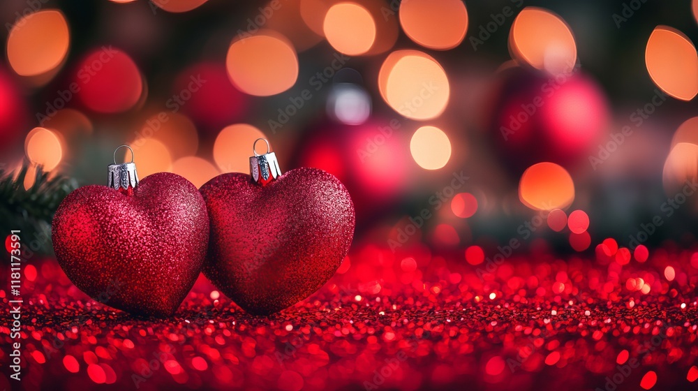 Two Red Heart Ornaments on Red Glitter with Bokeh Background Two Red Heart Ornaments on Red Glitter with Bokeh Background