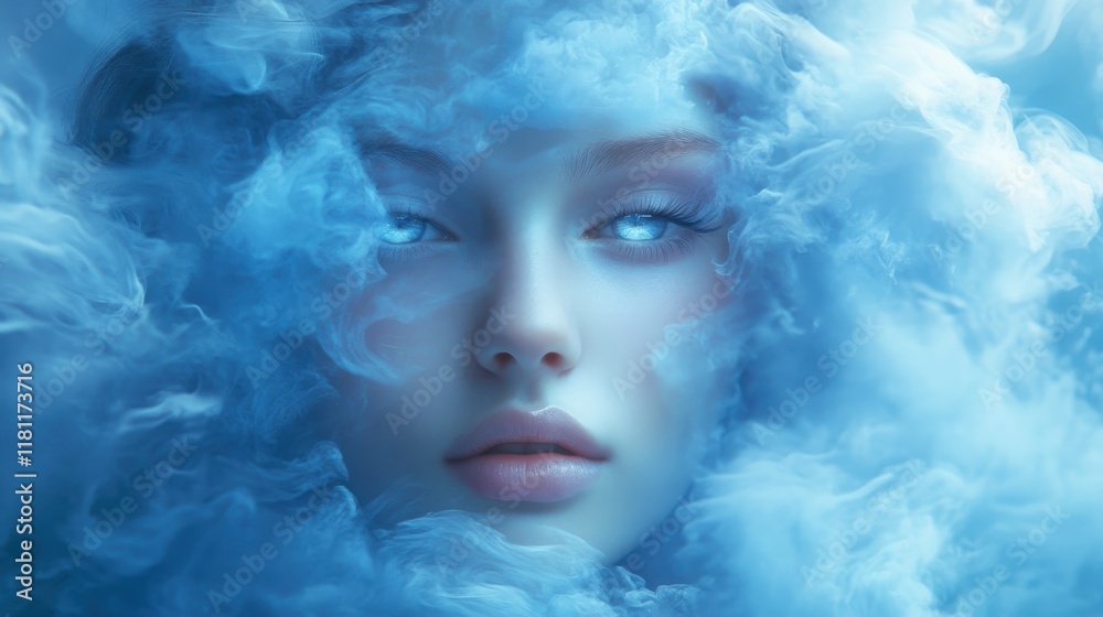 Head in the magic blue cloud, surreal portrait of a young beautiful woman Head in the magic blue cloud, surreal portrait of a young beautiful woman