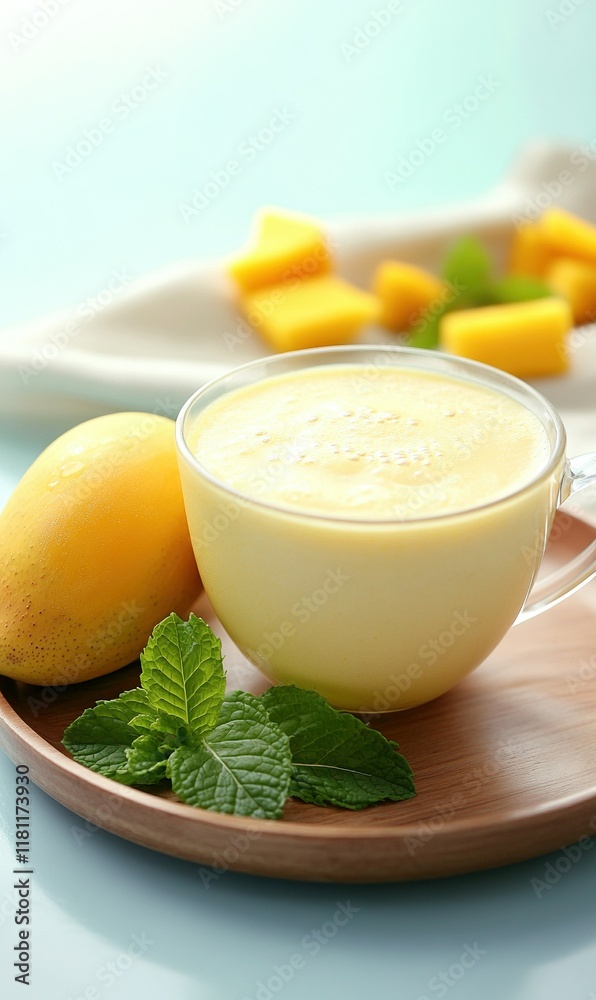 Fresh mango smoothie with mint on wooden tray, light background.