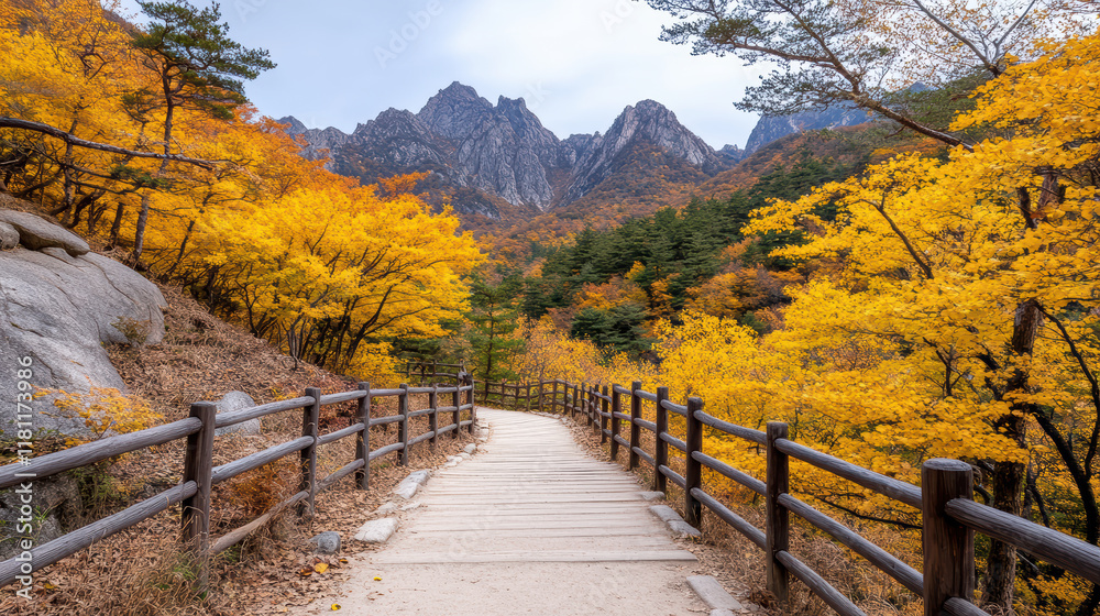 scenic pathway through vibrant autumn foliage and mountains scenic pathway through vibrant autumn foliage and mountains