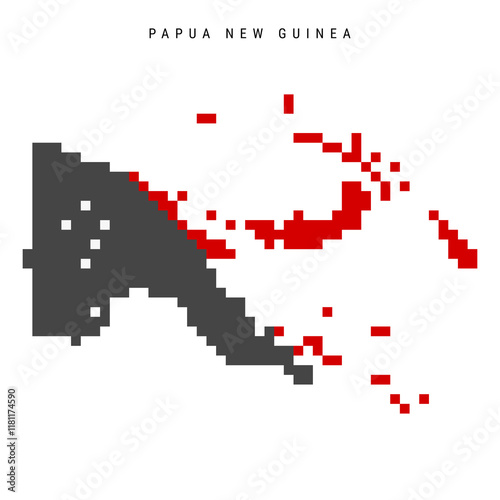 Papua New Guinea pixel flag map icon. 8 bit pixel art Papuan map covered with flag. Flat vector illustration isolated on white background.