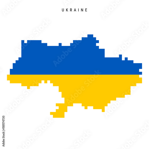 Ukraine pixel flag map icon. 8 bit pixel art Ukrainian map covered with flag. Flat vector illustration isolated on white background.