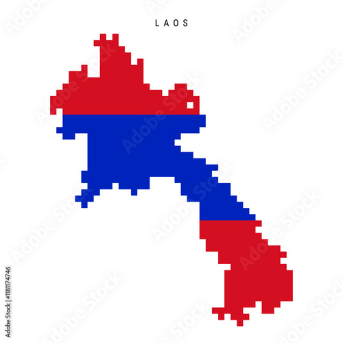Laos pixel flag map icon. 8 bit pixel art Laotian map covered with flag. Flat vector illustration isolated on white background.
