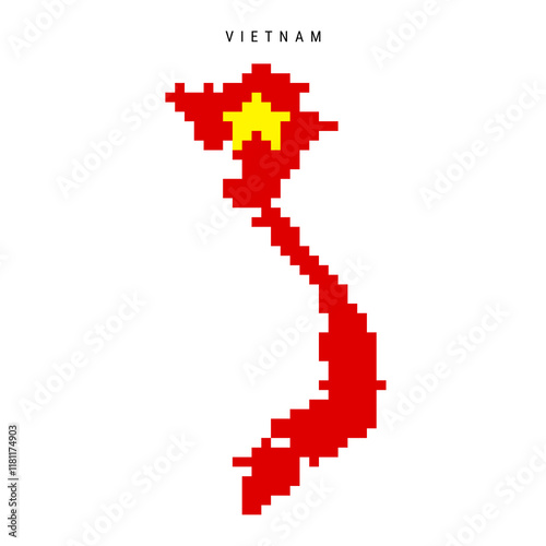 Vietnam pixel flag map icon. 8 bit pixel art Vietnamese map covered with flag. Flat vector illustration isolated on white background.