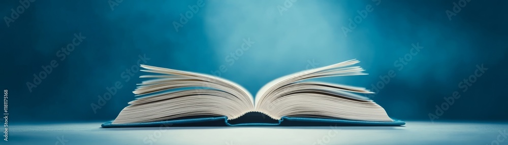 Open book with folded pages resting on a table, still life of literature and learning Open book with folded pages resting on a table, still life of literature and learning