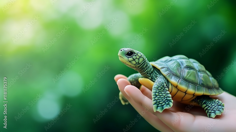 Small turtle in a hand against a green background. Small turtle in a hand against a green background.