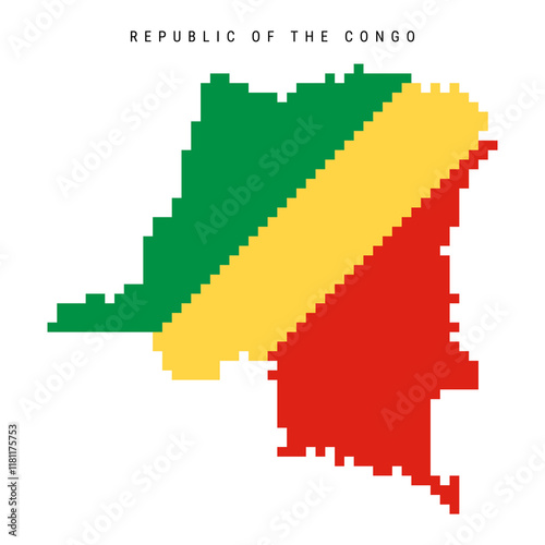 Republic of the Congo pixel flag map icon. 8 bit pixel art Congolese map covered with flag. Flat vector illustration isolated on white background.