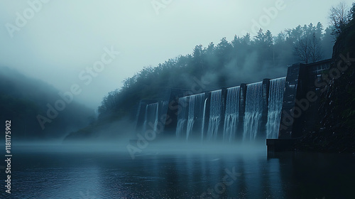 Serene early morning fog over dam with cascading waterfalls