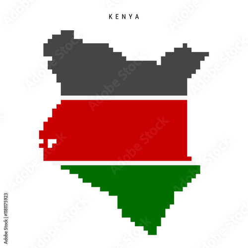 Kenya pixel flag map icon. 8 bit pixel art Kenyan map covered with flag. Flat vector illustration isolated on white background.