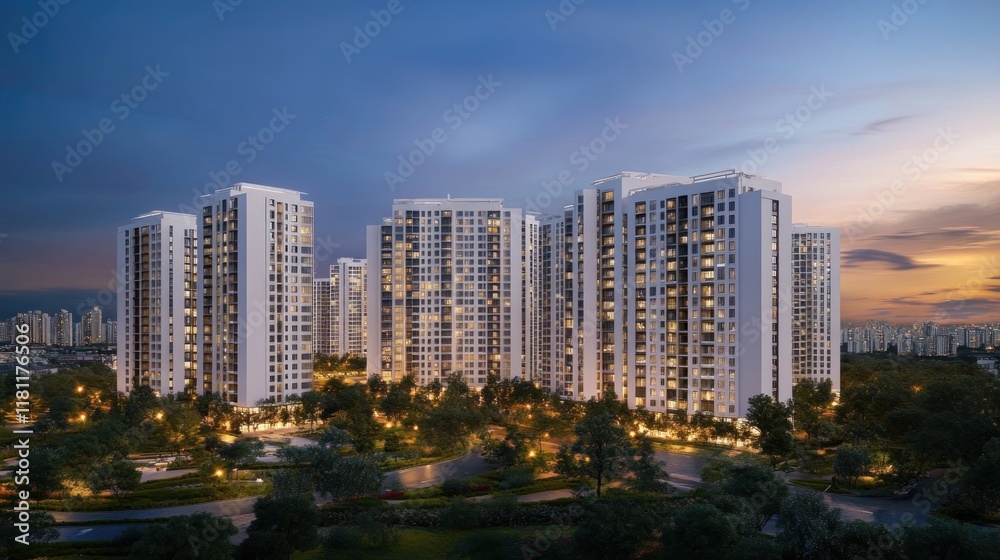 Obraz premium Modern residential complex at dusk.