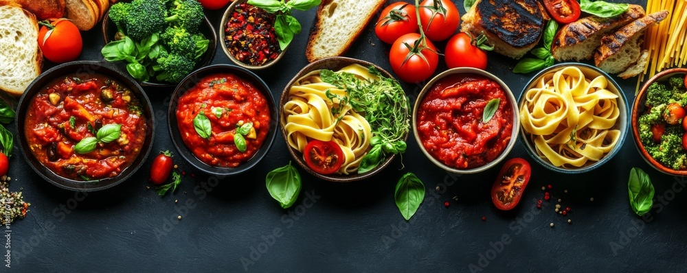 Flat lay of rustic Italian food with pasta, tomato sauce, broccoli, and fresh basil on a dark background Flat lay of rustic Italian food with pasta, tomato sauce, broccoli, and fresh basil on a dark background