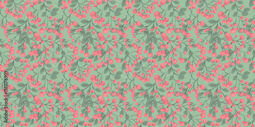 Seamless pattern botanical illustration on a green, mint background. Abstract artistic berries on a branches leaves ornament. Stylized juniper, boxwood, viburnum, dogwood barberry print.