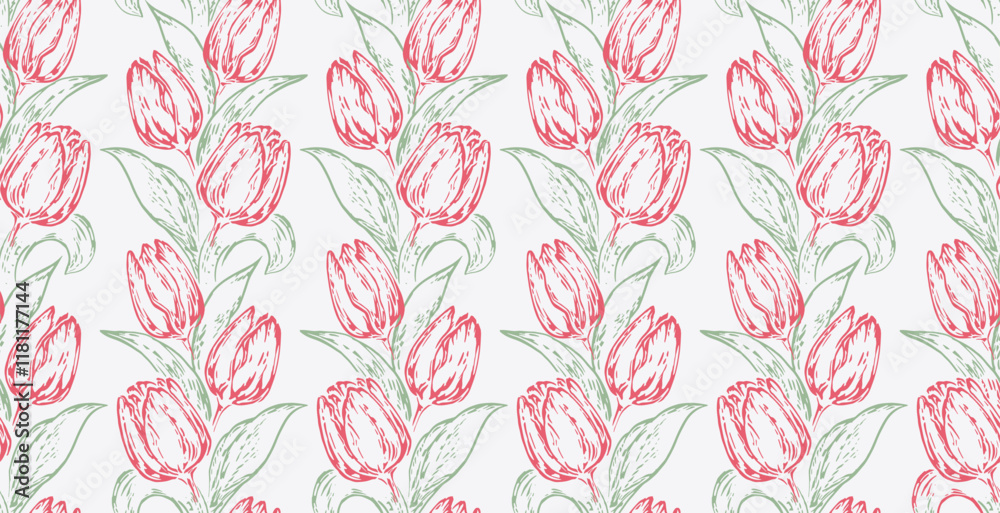Summer seamless pattern with red flowers tulips and grean leaves. Vector drawing abstract contour silhouettes, line, outlines floral print. Plain nature ornament for designs, textiles, cover, fabric Summer seamless pattern with red flowers tulips and grean leaves. Vector drawing abstract contour silhouettes, line, outlines floral print. Plain nature ornament for designs, textiles, cover, fabric