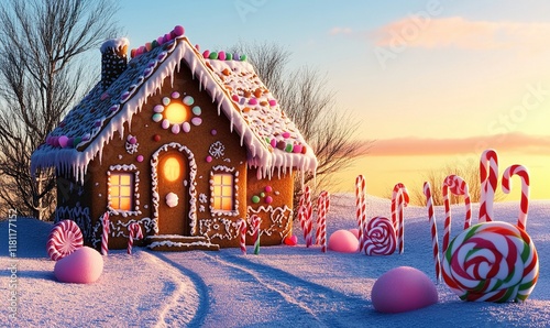 Gingerbread house in snowy landscape at sunset.