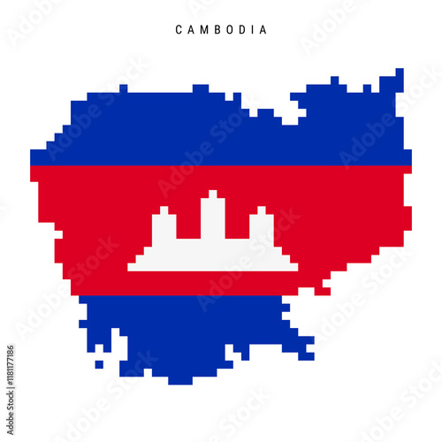 Cambodia pixel flag map icon. 8 bit pixel art Cambodian map covered with flag. Flat vector illustration isolated on white background.