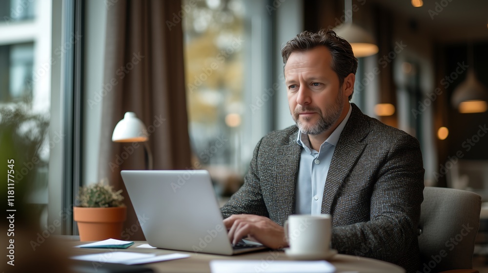 Image of a businessman sitting at a desk in a modern office with a laptop. The office looks modern and is decorated in a simple style. Image of a businessman sitting at a desk in a modern office with a laptop. The office looks modern and is decorated in a simple style.