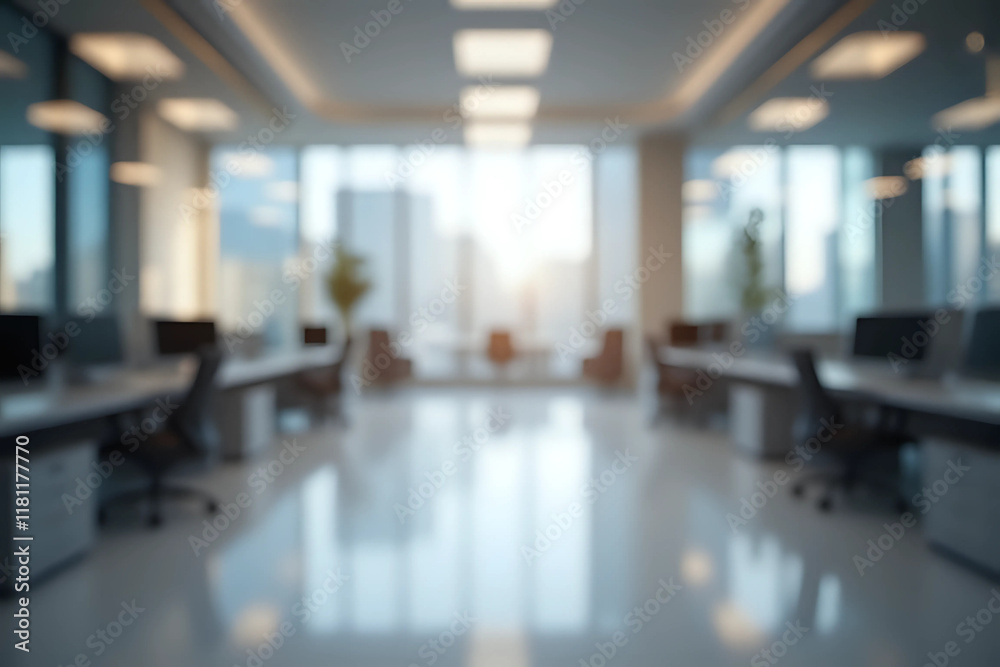 Blur background of empty modern office background in city center. Workspace interior design. Clean and bright office gallery background