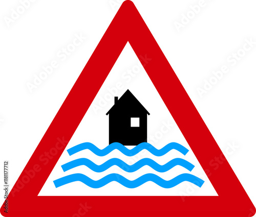 Triangle shaped warning sign beware of flood with waves and house. Illustration made January 8th, 2025, Zurich, Switzerland.