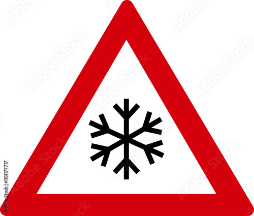 Triangle shaped warning sign beware of snowfall with snowflake. Illustration made January 8th, 2025, Zurich, Switzerland. photo