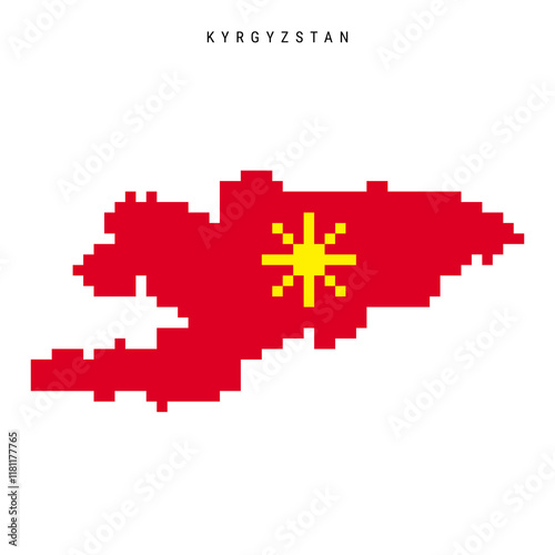 Kyrgyzstan pixel flag map icon. 8 bit pixel art Kyrgyz map covered with flag. Flat vector illustration isolated on white background.